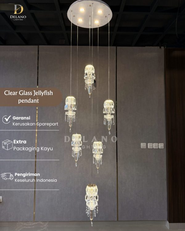 Lampu Void Kristal Clear Glass Jellyfish 8188 (6+1 Lights) Chrome