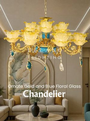 Lampu Gantung Kristal Ornate Gold And Blue Floral Glass GT-18 Gold