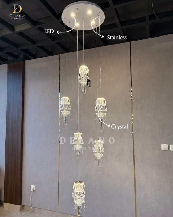 Lampu Void Kristal Clear Glass Jellyfish 8188 (6+1 Lights) Chrome